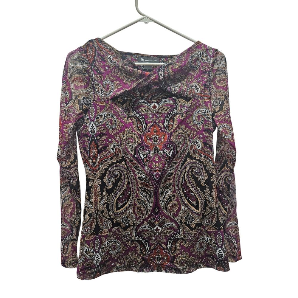 INC Sheer Paisley Mesh Top Cross Neckline Keyhole Long Sleeve Medium Purple Gold